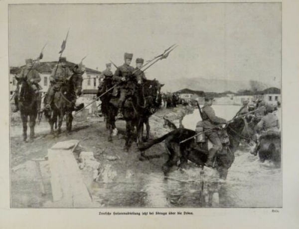 1917 - alter Druck - Deutsche Husarenabteilung setzt bei Sdruga über die Drina